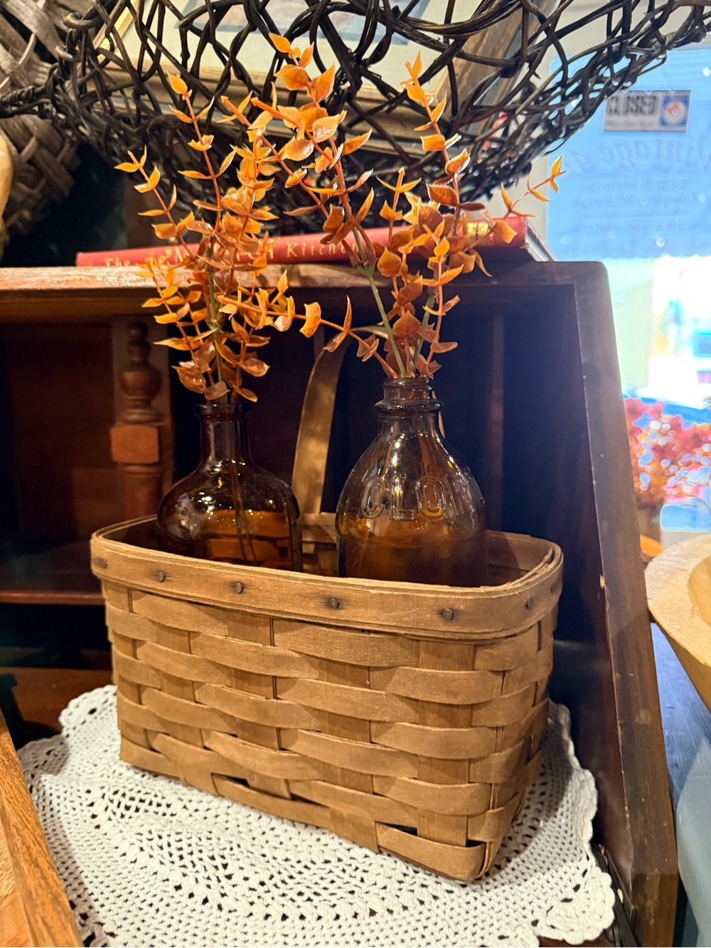 VTG Rustic Brown Woven Basket Planter with Amber VTG Clorox Bottle Accents